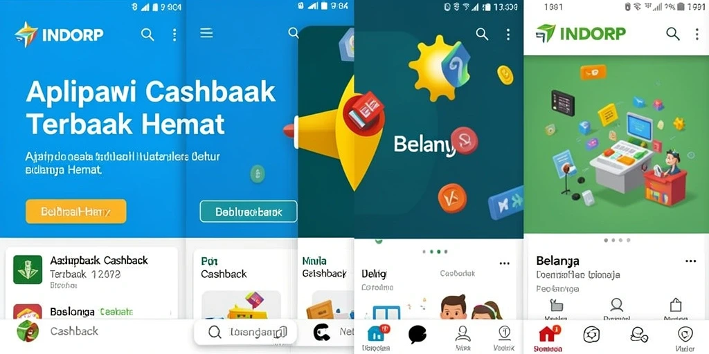 Antarmuka aplikasi INDORP menampilkan berbagai penawaran cashback yang menarik.